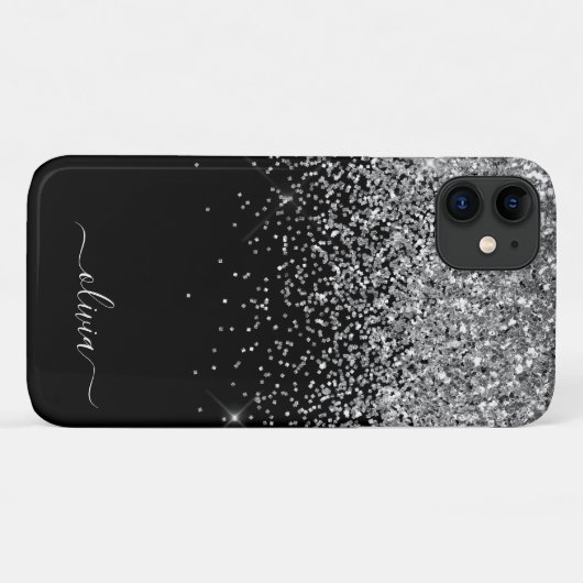 Silver Black Girly Glitter Sparkle Monogram Name Case-Mate iPhone Case (Achterkant (horizontaal))