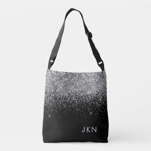 Silver Black Girly Glitter Sparkle Monogram Name Crossbody Tas (Achterkant)