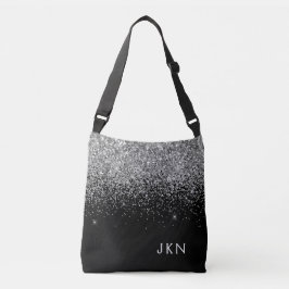 Silver Black Girly Glitter Sparkle Monogram Name Crossbody Tas