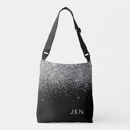 Silver Black Girly Glitter Sparkle Monogram Name Crossbody Tas (Voorkant)