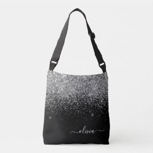 Silver Black Girly Glitter Sparkle Monogram Name Crossbody Tas