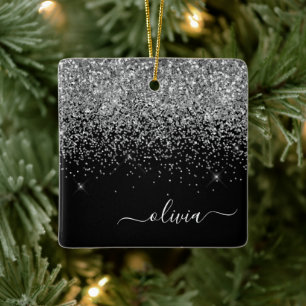 Silver Black Girly Glitter Sparkle Monogram Name Keramisch Ornament