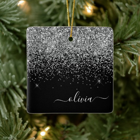 Silver Black Girly Glitter Sparkle Monogram Name Keramisch Ornament (Boom)