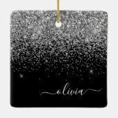 Silver Black Girly Glitter Sparkle Monogram Name Keramisch Ornament (Achterkant)