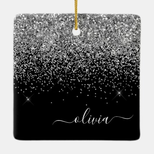 Silver Black Girly Glitter Sparkle Monogram Name Keramisch Ornament (Achterkant)