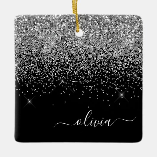Silver Black Girly Glitter Sparkle Monogram Name Keramisch Ornament (Voorkant)