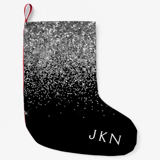 Silver Black Girly Glitter Sparkle Monogram Name Kleine Kerstsok (Voorkant)