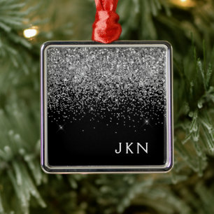 Silver Black Girly Glitter Sparkle Monogram Name Metalen Ornament