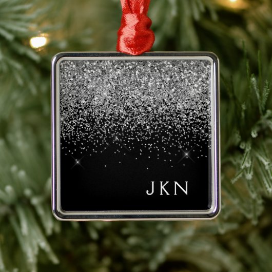 Silver Black Girly Glitter Sparkle Monogram Name Metalen Ornament (Boom)