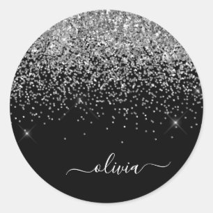 Silver Black Girly Glitter Sparkle Monogram Name Ronde Sticker