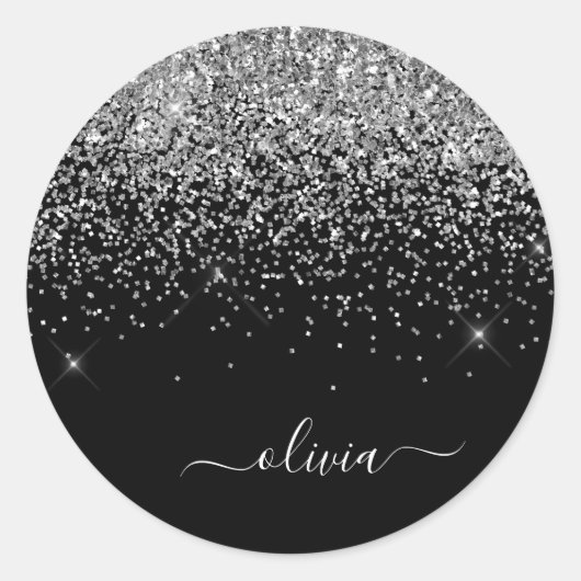 Silver Black Girly Glitter Sparkle Monogram Name Ronde Sticker (Voorkant)
