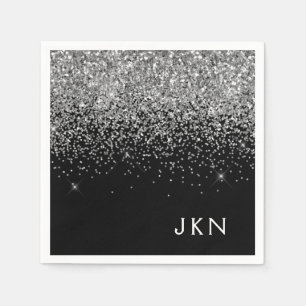 Silver Black Girly Glitter Sparkle Monogram Name Servet
