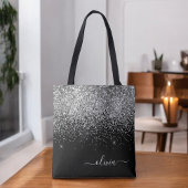 Silver Black Girly Glitter Sparkle Monogram Name Tote Bag