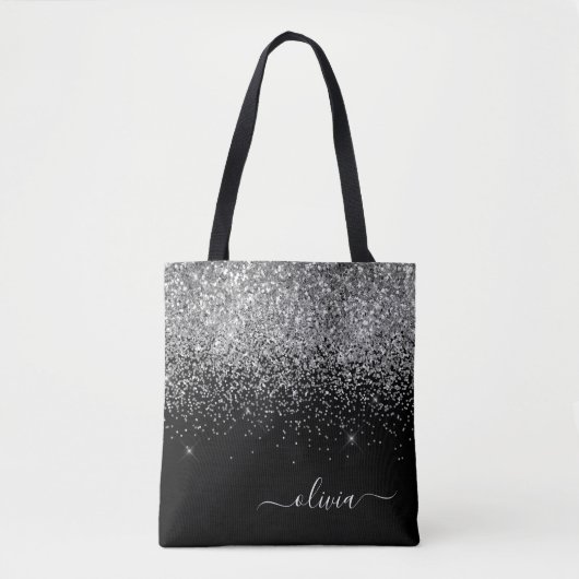 Silver Black Girly Glitter Sparkle Monogram Name Tote Bag (Voorkant)