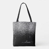 Silver Black Girly Glitter Sparkle Monogram Name Tote Bag (Achterkant)