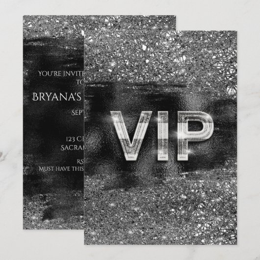 Silver Black Glam Chic Club VIP-partijuitnodiginge Kaart (Voorkant / Achterkant)