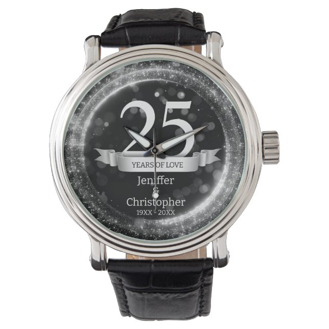 Silver Black Glitter Bewerken Jaar Bruiloft Jubile Horloge (Voorkant)