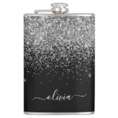 Silver Black Glitter Custom Monogram Name Heupfles (Voorkant)