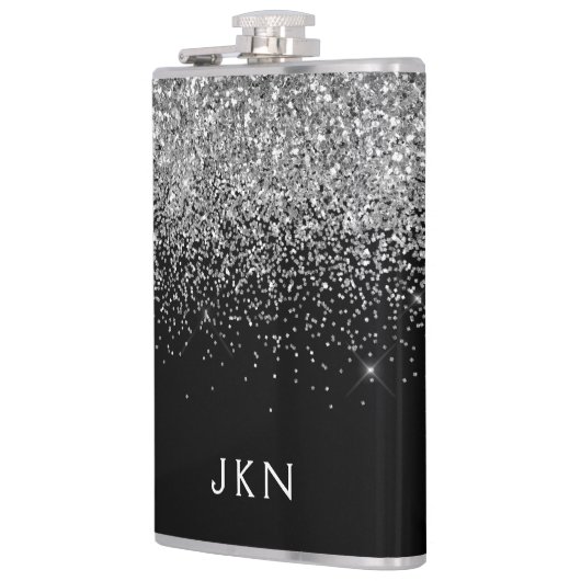 Silver Black Glitter Custom Monogram Name Heupfles (Links)