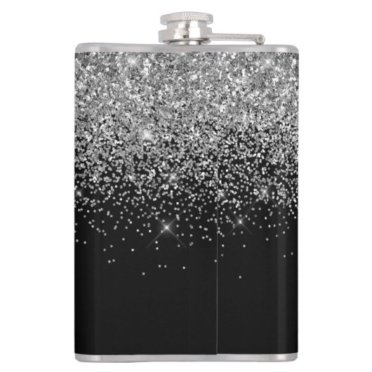 Silver Black Glitter Custom Monogram Name Heupfles (Achterkant)