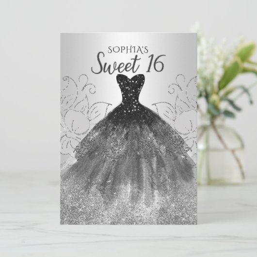 Silver Black Glitter Dress Sweet 16 jaar Kaart (Staand voorkant)
