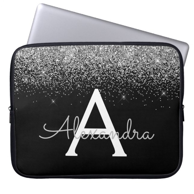 Silver Black Glitter en Sparkle Monogram Laptop Sleeve (Voorkant)