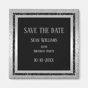 Silver & Black Glitter Framed Man Save the Date Magneet