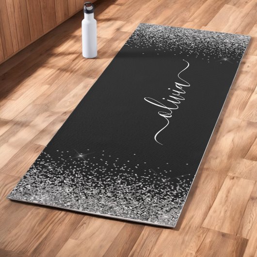 Silver Black Glitter Girly Monogram Exercise Yogamat