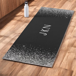 Silver Black Glitter Girly Monogram Initialen Yogamat