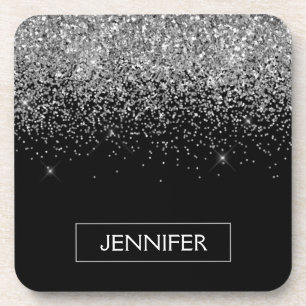 Silver Black Glitter Girly Monogram Naam Bier Onderzetter