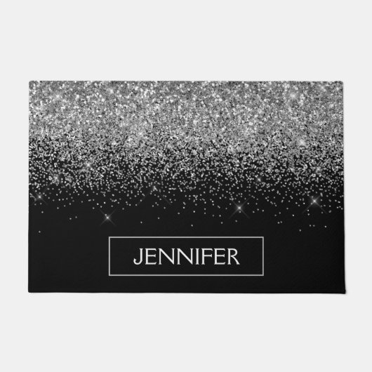 Silver Black Glitter Girly Monogram Naam Deurmat (Voorkant)