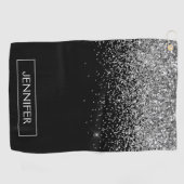 Silver Black Glitter Girly Monogram Naam Golfhanddoek (Horizontaal)