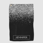 Silver Black Glitter Girly Monogram Naam Golfhanddoek (Voorkant)