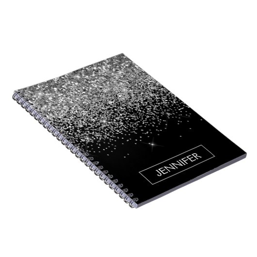 Silver Black Glitter Girly Monogram Naam Notitieboek (Rechterzijde)