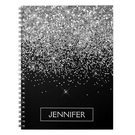 Silver Black Glitter Girly Monogram Naam Notitieboek (Voorkant)