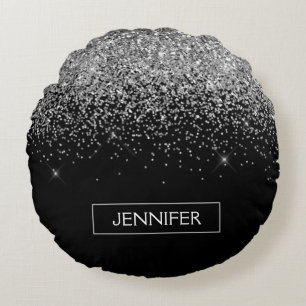 Silver Black Glitter Girly Monogram Naam Rond Kussen