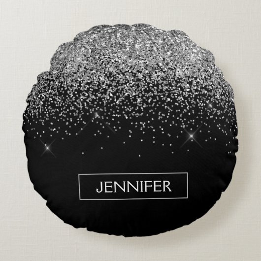 Silver Black Glitter Girly Monogram Naam Rond Kussen (Voorkant)