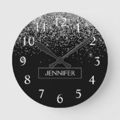 Silver Black Glitter Girly Monogram Naam Ronde Klok (Voorkant)