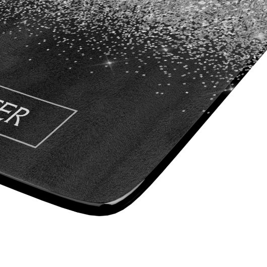 Silver Black Glitter Girly Monogram Naam Snijplank (Hoek)