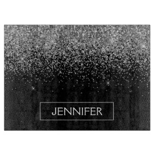 Silver Black Glitter Girly Monogram Naam Snijplank