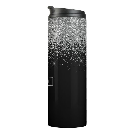 Silver Black Glitter Girly Monogram Naam Thermosbeker (Geroteerd rechts)