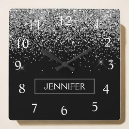 Silver Black Glitter Girly Monogram Naam Vierkante Klok