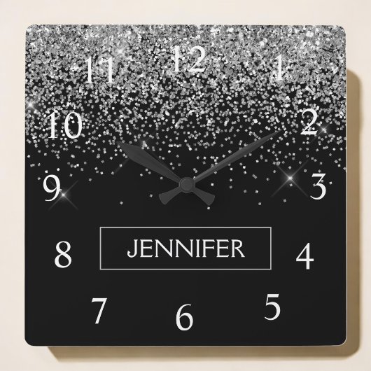 Silver Black Glitter Girly Monogram Naam Vierkante Klok