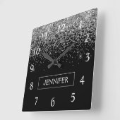 Silver Black Glitter Girly Monogram Naam Vierkante Klok (Hoek)