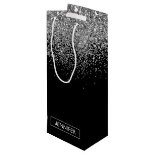 Silver Black Glitter Girly Monogram Naam Wijn Cadeautas