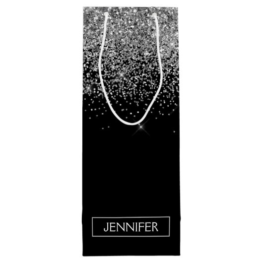 Silver Black Glitter Girly Monogram Naam Wijn Cadeautas (Achterkant)