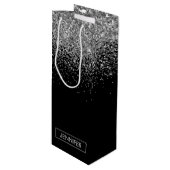 Silver Black Glitter Girly Monogram Naam Wijn Cadeautas (Voorkant Gekanteld)
