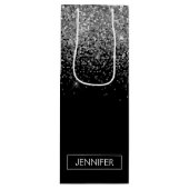 Silver Black Glitter Girly Monogram Naam Wijn Cadeautas (Voorkant)