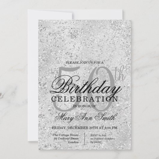 Silver & Black Glitter Glam 50e verjaardagsfeest Kaart (Voorkant)