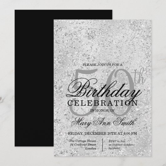 Silver & Black Glitter Glam 50e verjaardagsfeest Kaart (Voorkant / Achterkant)